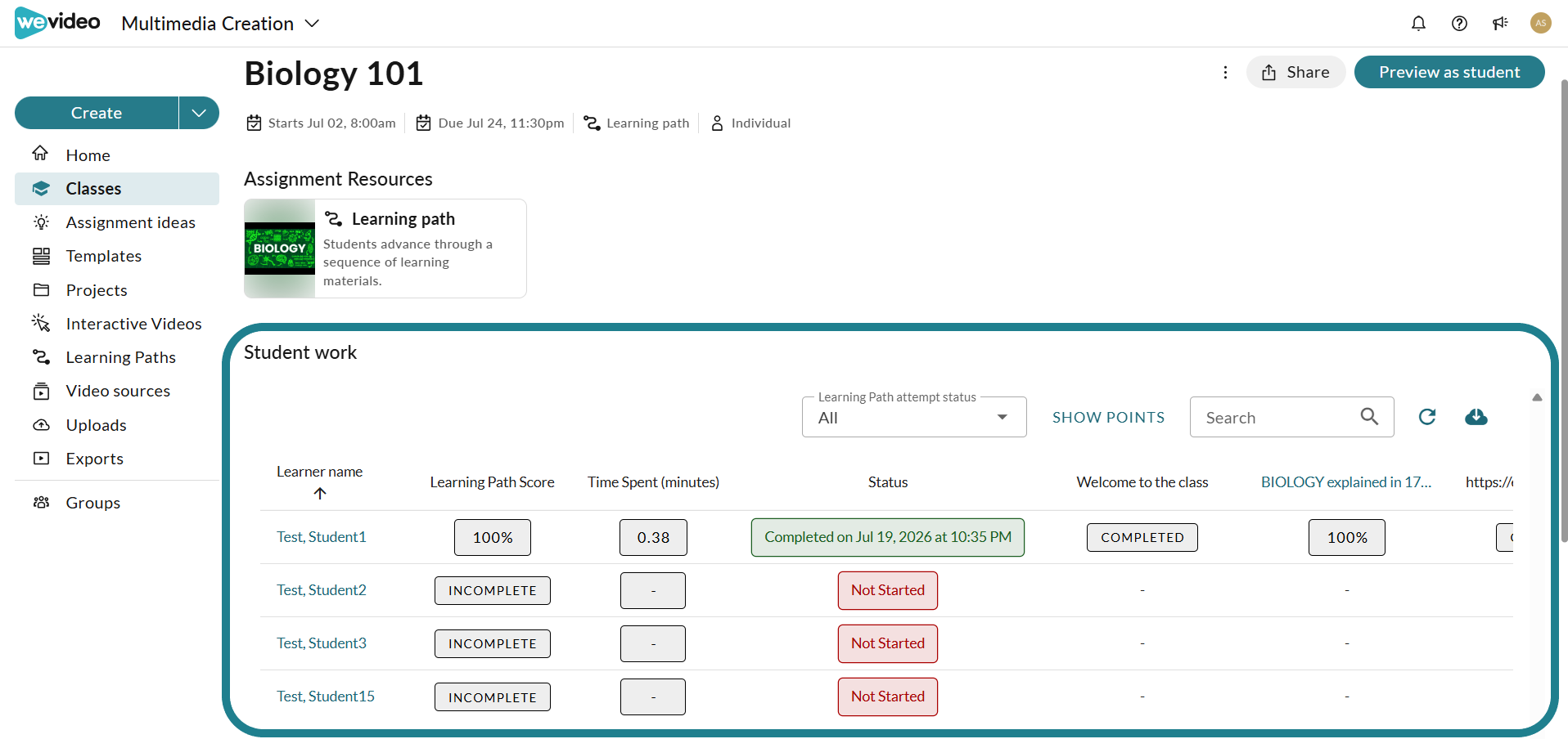 The learners' progress will be displayed in the Student Work section.