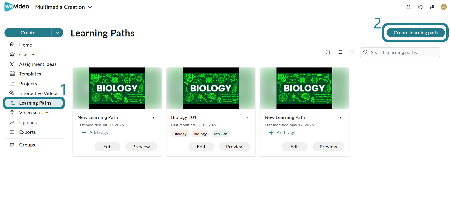 The learning paths page in WeVideo Multimedia Creation space