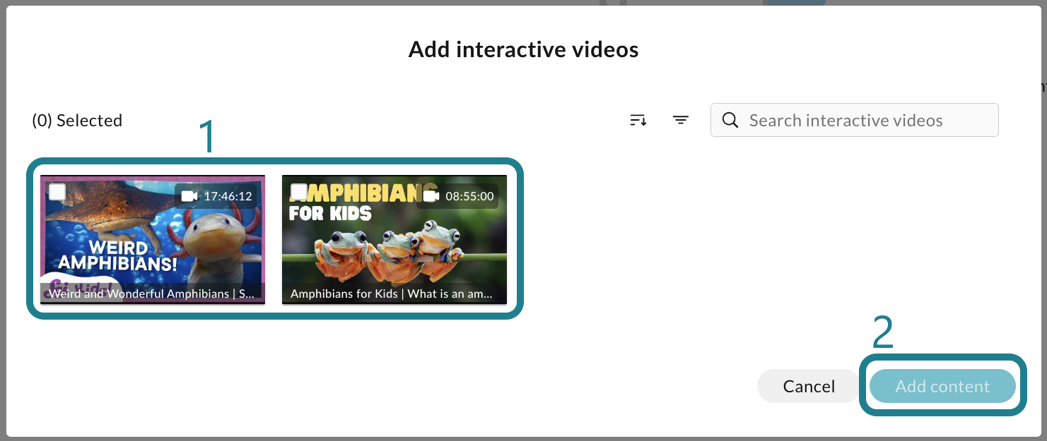 Select the interactive videos in the pop-up window, then click the Add Content button to add them to the learning path.