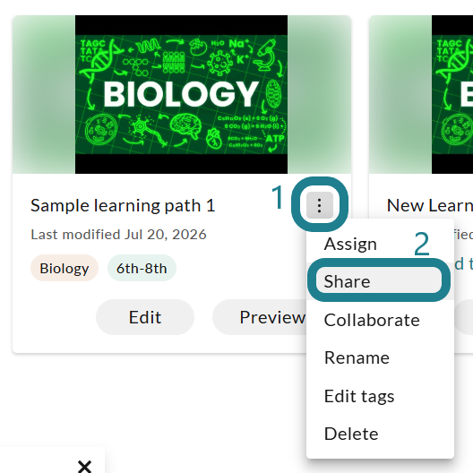 To retrieve the assignment link, click the triple-dot button of the learning path and select the Share option.