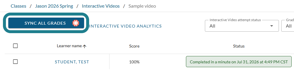 The Sync Grades button on the monitor page for the assignment linked to the LMS.
