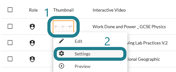 The settings option in the interactive video's action menu