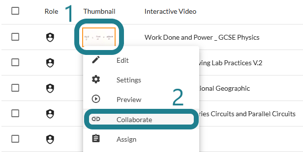 The collaborate option in the interactive video's action menu