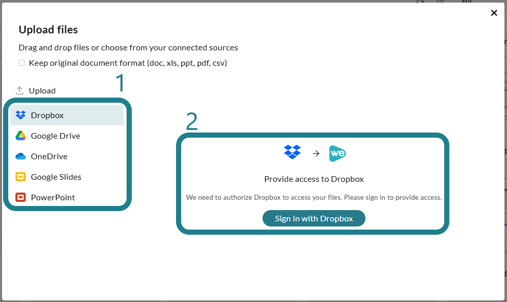 The upload options that users can select to import their files.