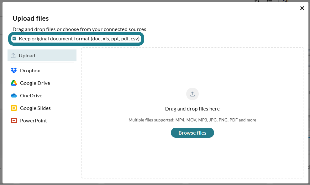The "Keep Original document format" option in the media uploading window.