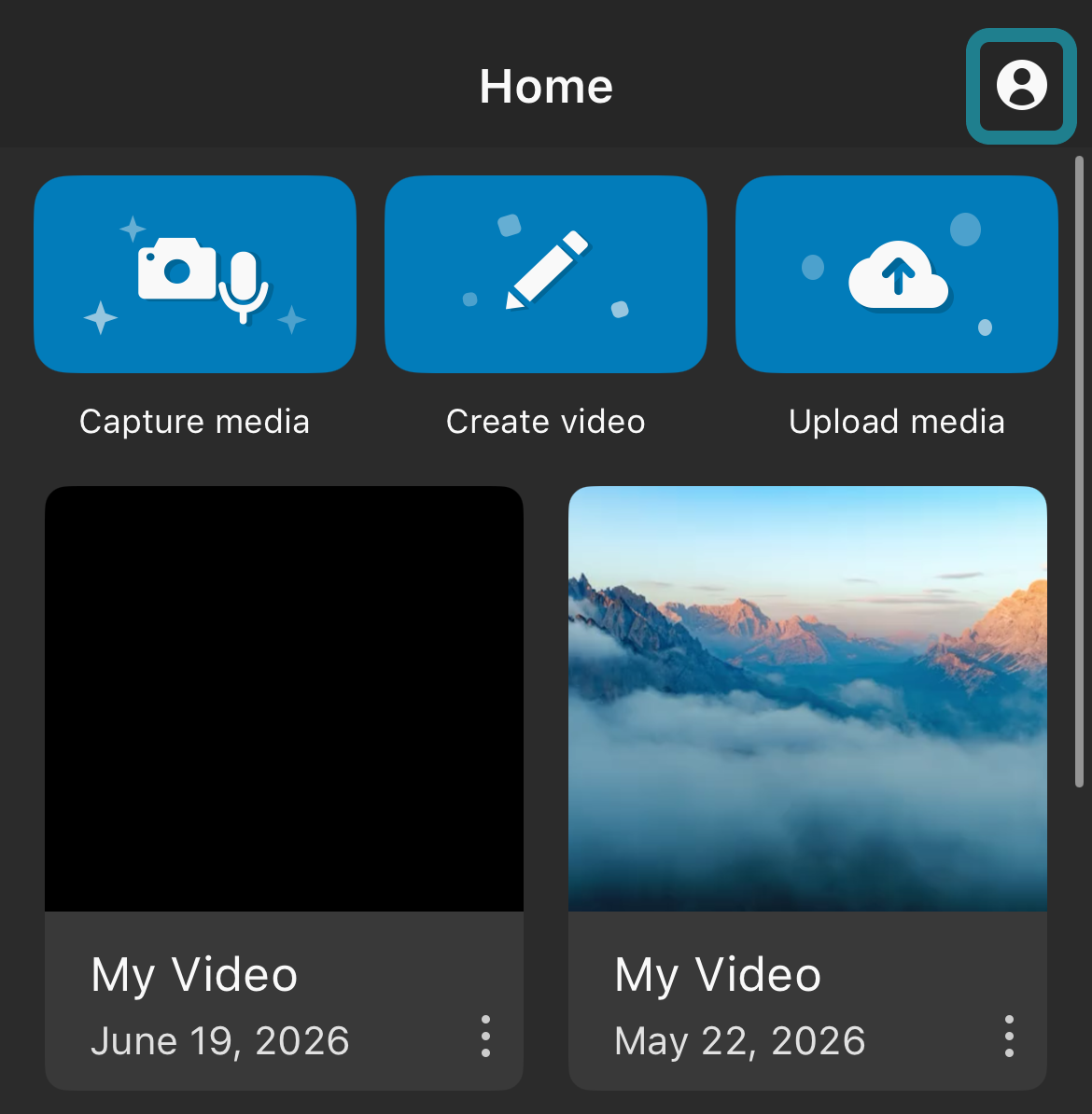 The user icon in the top-right corner of the WeVideo app