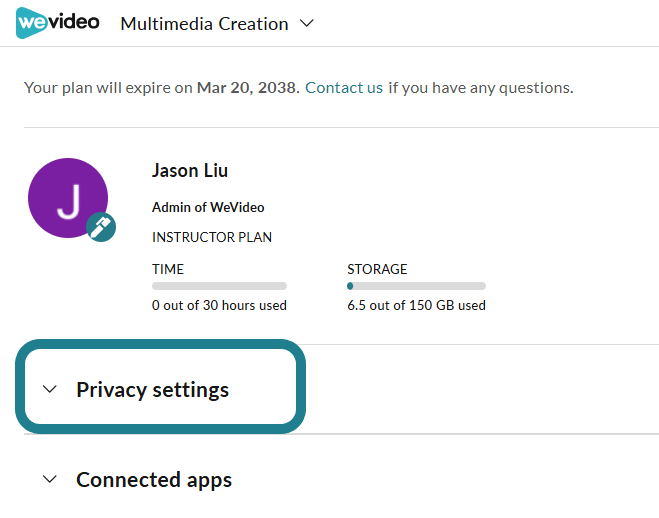The privacy settings section on the account settings page