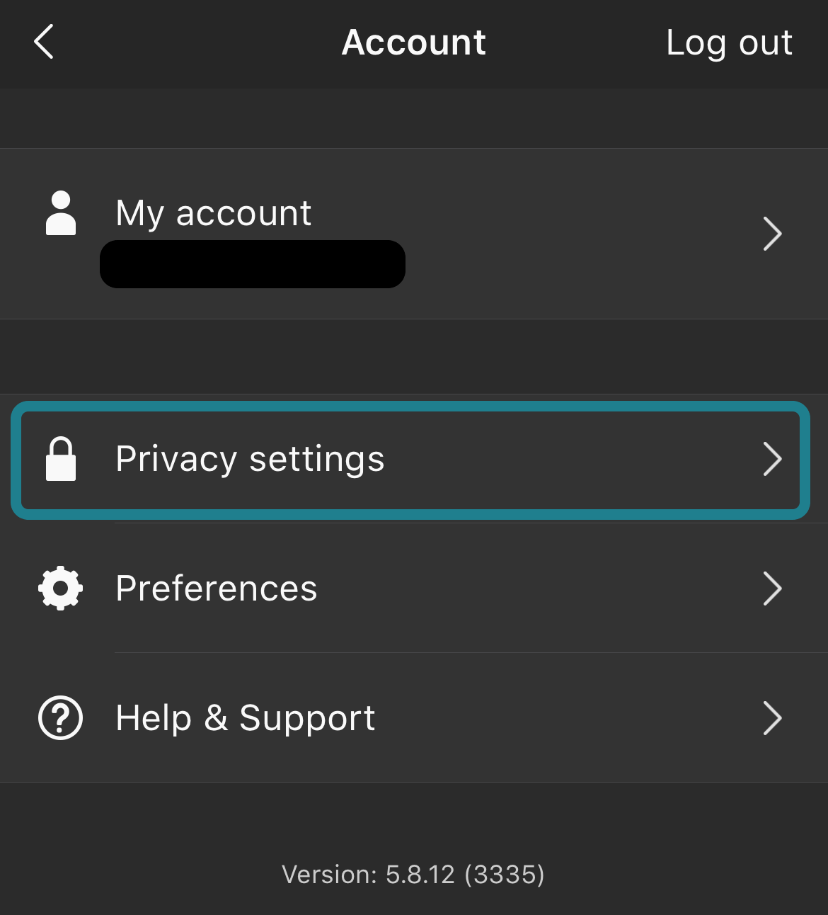 The privacy settings section in the account settings page in the app.