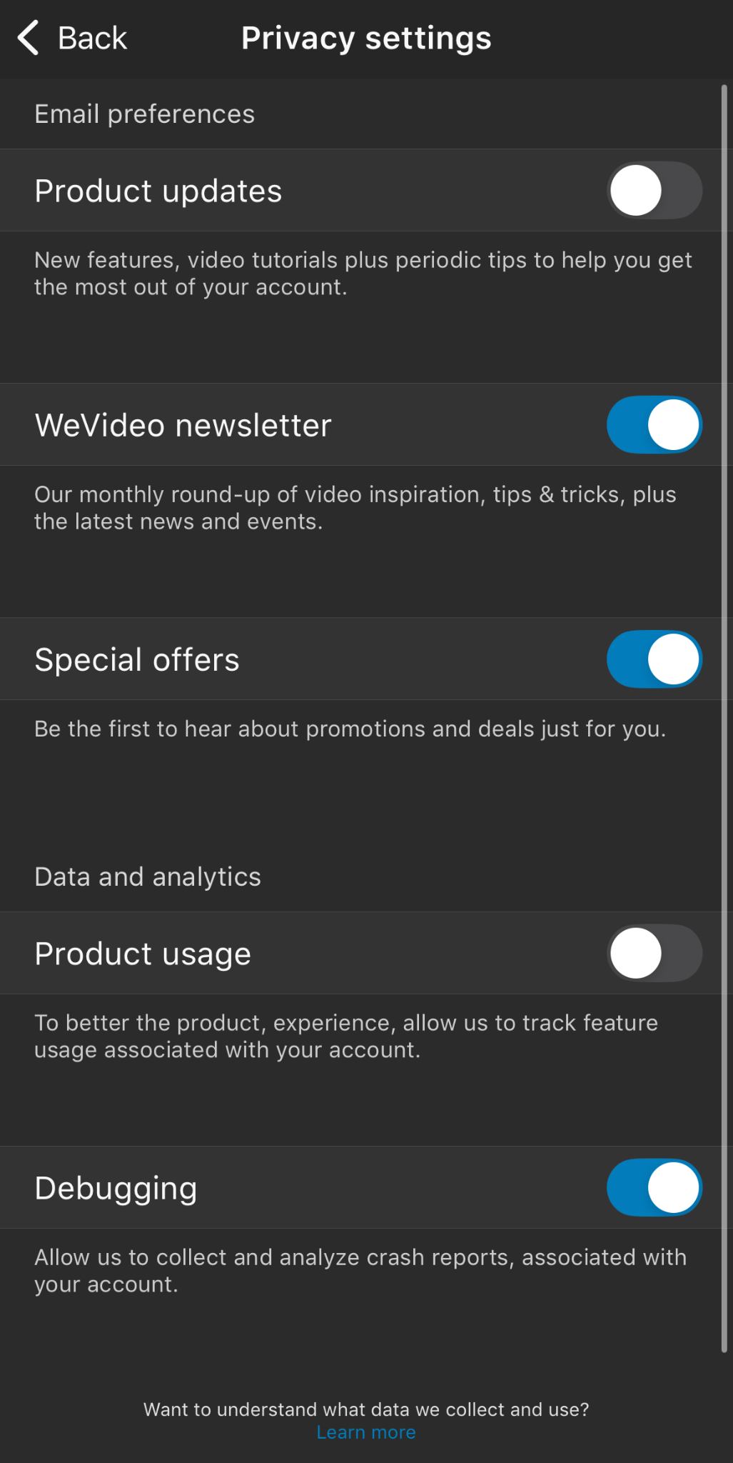 The email preferences and data and analytics settings under the privacy settings