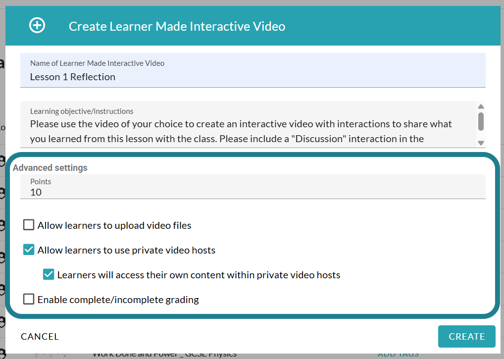 The advanced settings for the learner made interactive video assignment