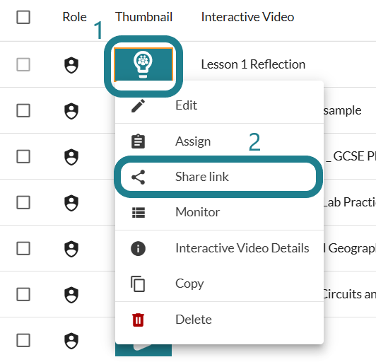 The share link option for the interactive video to retrieve the assignment link.