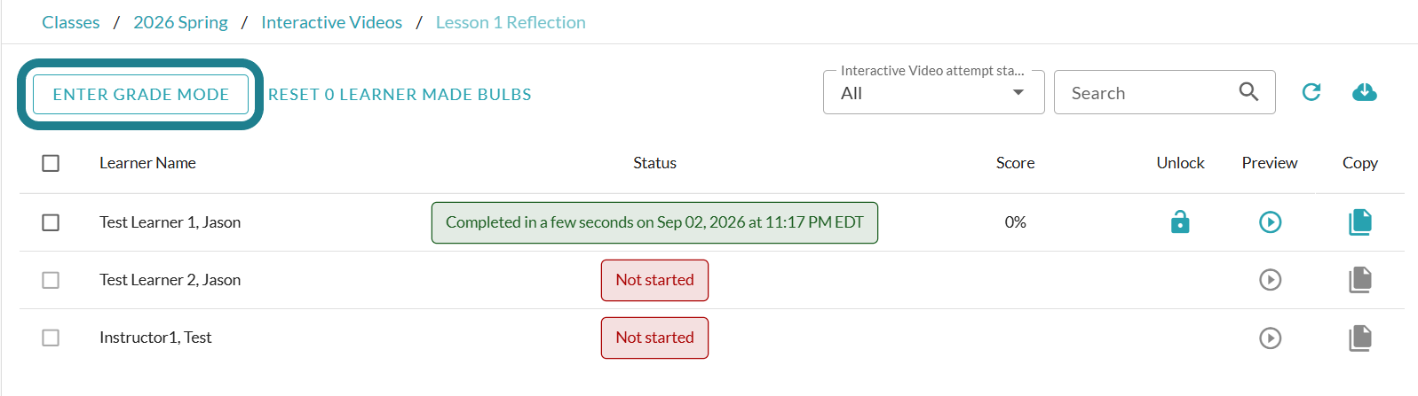 The enter grade mode button on the monitor page allows the instructor to adjust points for learners' submissions.