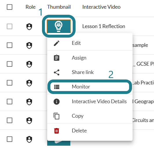The monitor option in the interactive video's action menu