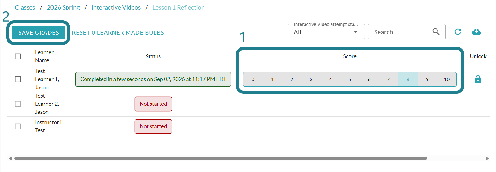 Assign the grades to learners and click Save Grades to save the changes.