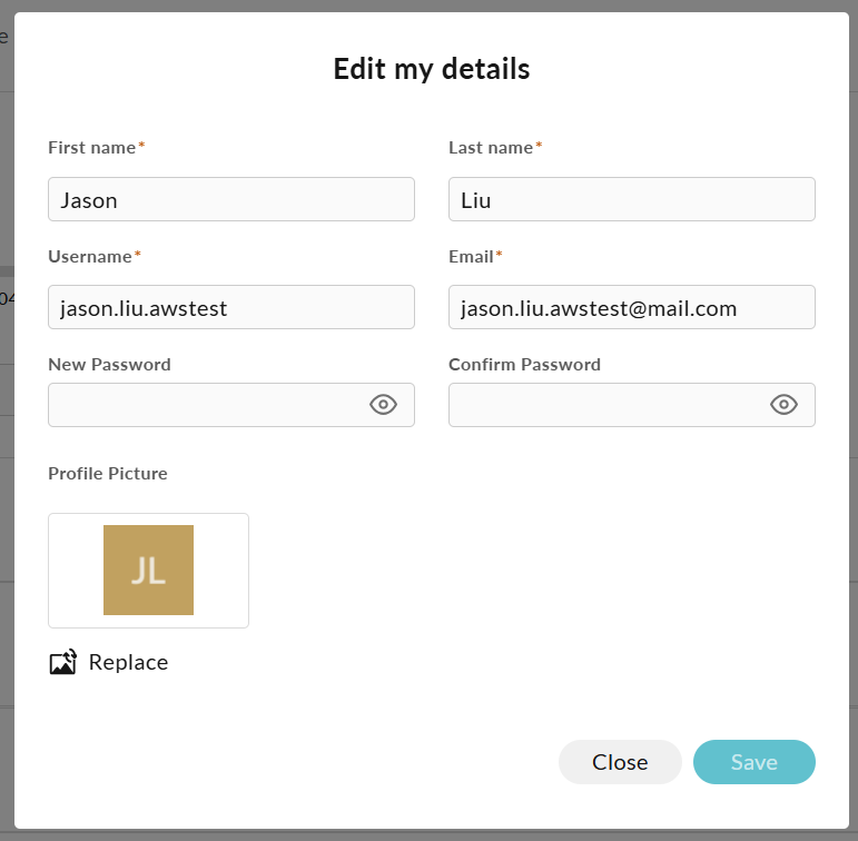 The edit my details page for user to change their name, email, and password