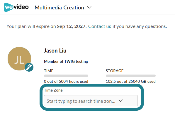 The time zone section for users to set a time zone for their accounts.