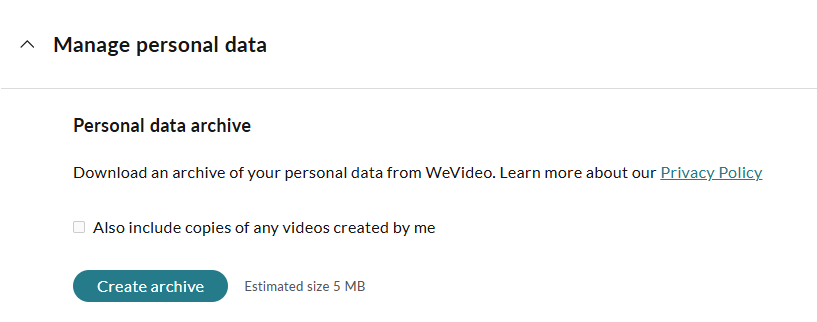 The manage personal data section for users to create their own data archive
