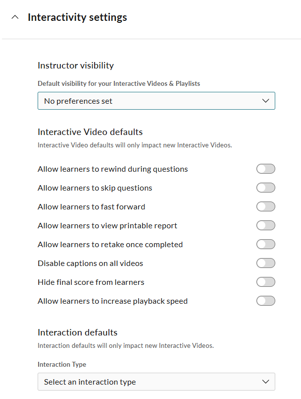 The interactivity settings section allows users to adjust settings that apply to Interactivity.