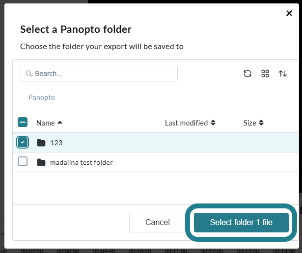Select a folder in Panopto as the destination