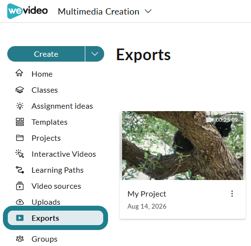 The export page in WeVideo Multimedia Creation space