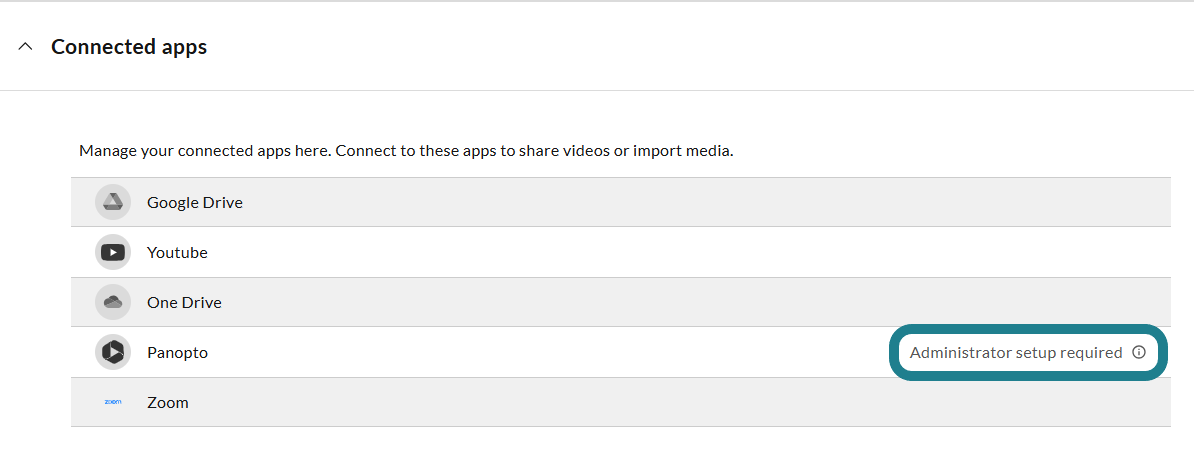 The Panopto option with the "Administrator setup required" message