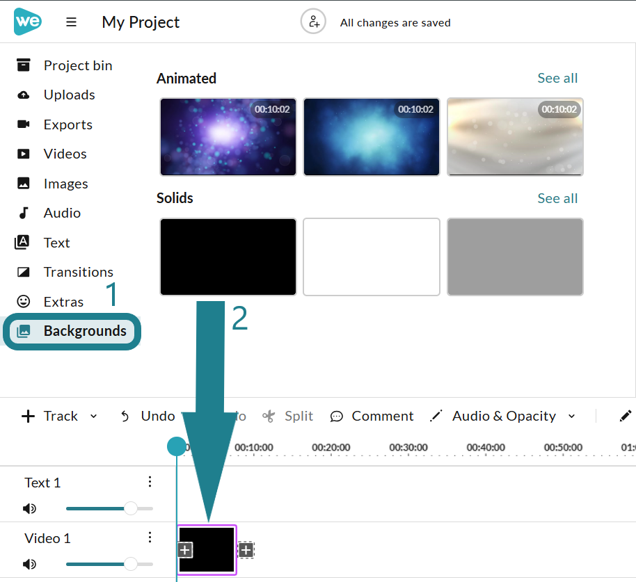 Select the backgrounds option and add a solid color background to the timeline