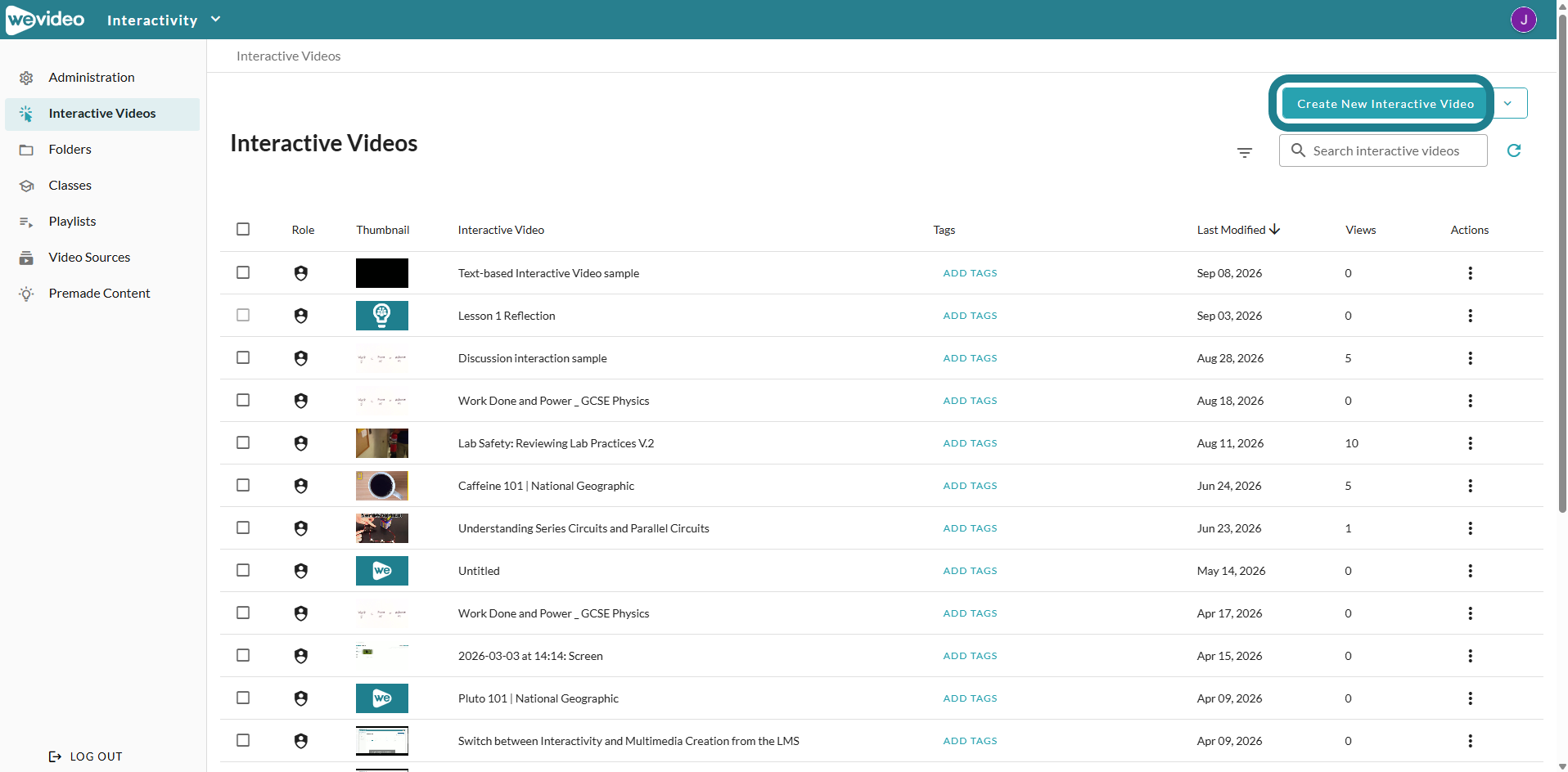 Click the Create New Interactive Video button in the Interactivity space
