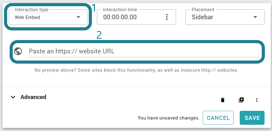 Select Web embed as the interaction type, and paste the URL to the interaction.