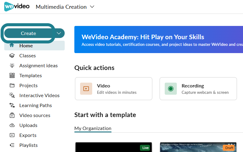 The Create button in the Multimedia Creation space