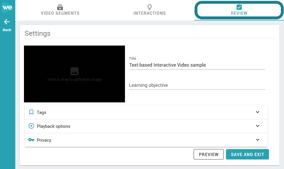 Switch to the Review tab to adjust the settings for the interactive video