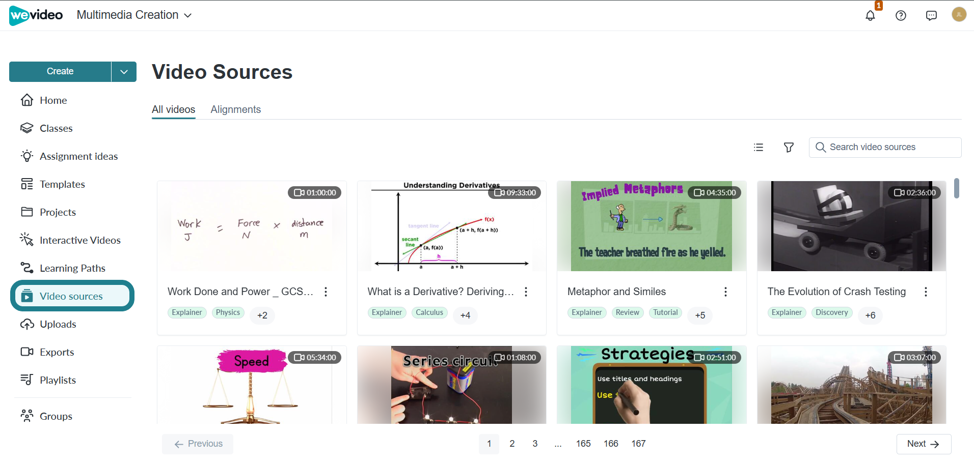 The video source page in WeVideo