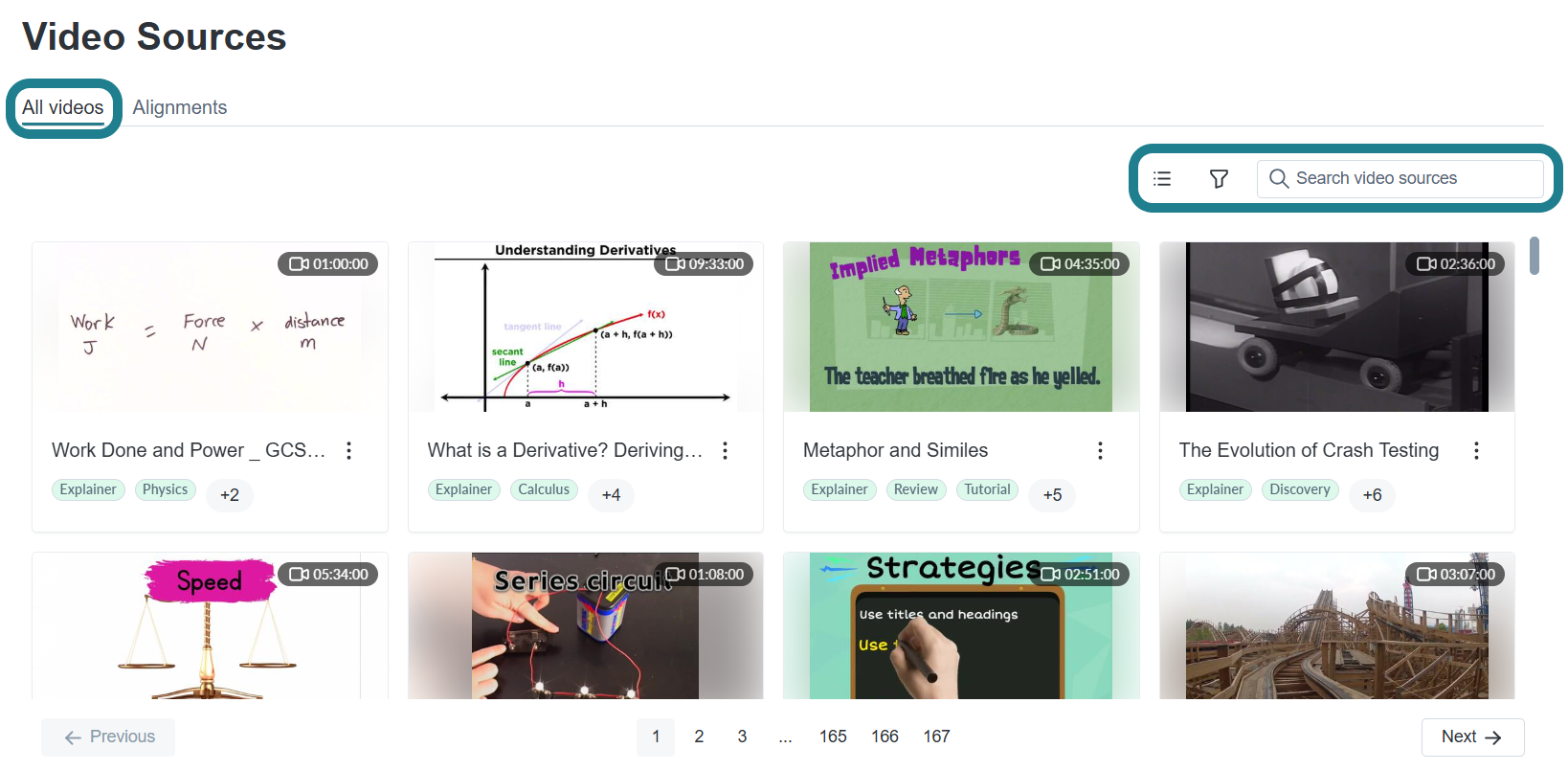 The all videos tab on the Video Sources page