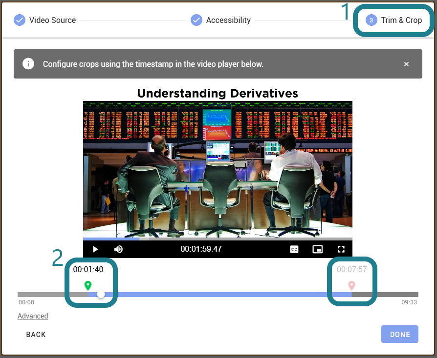 Switch to the trim and crop tab and use the flags to trim the video.