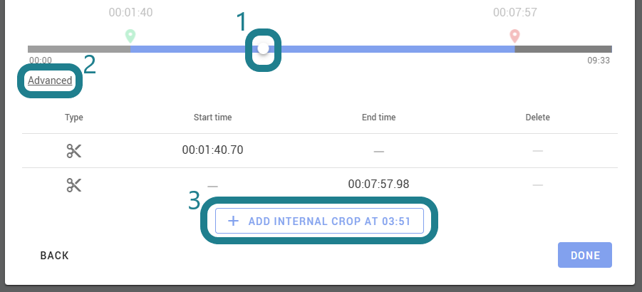 Move the playhead to the timestamp you want, click Advanced, and click the Add Internal Crop button.