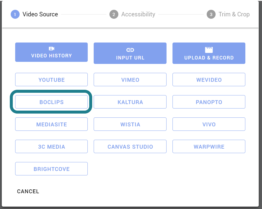 Select the Boclips option as the video source in the interactive video editor.