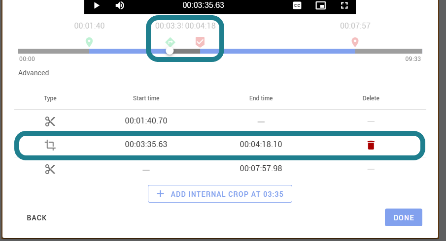 Adjust the start and end time for the internal crop.