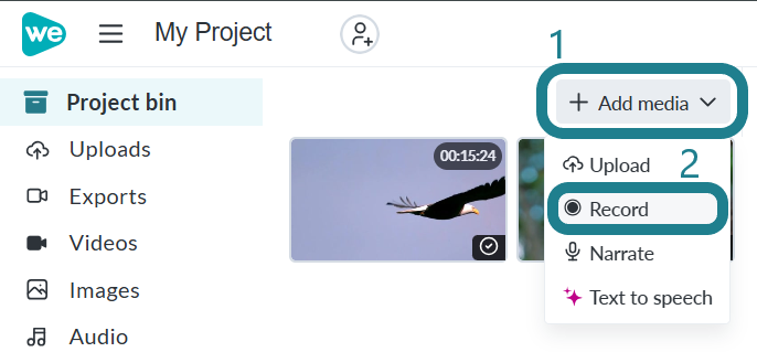 Click the Add Media button in the video editor and select the Record option.