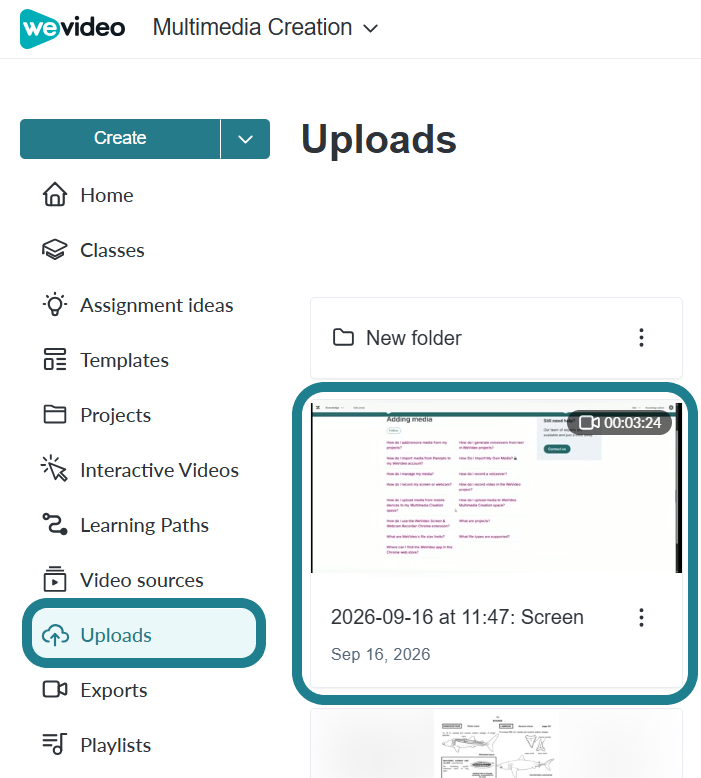 The uploads page in the WeVideo Multimedia Creation space