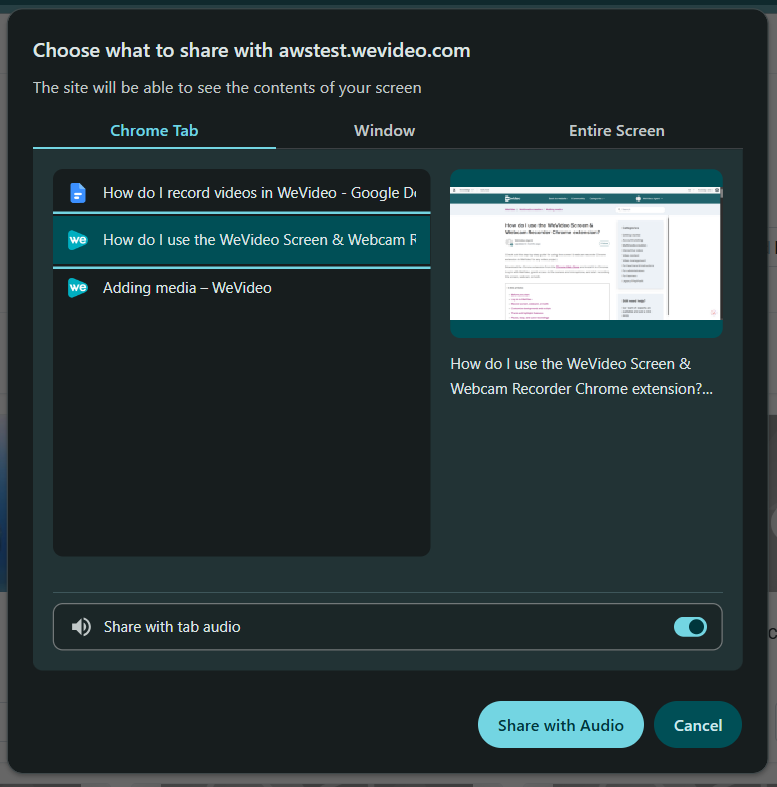 Select a tab, window, or screen to record.