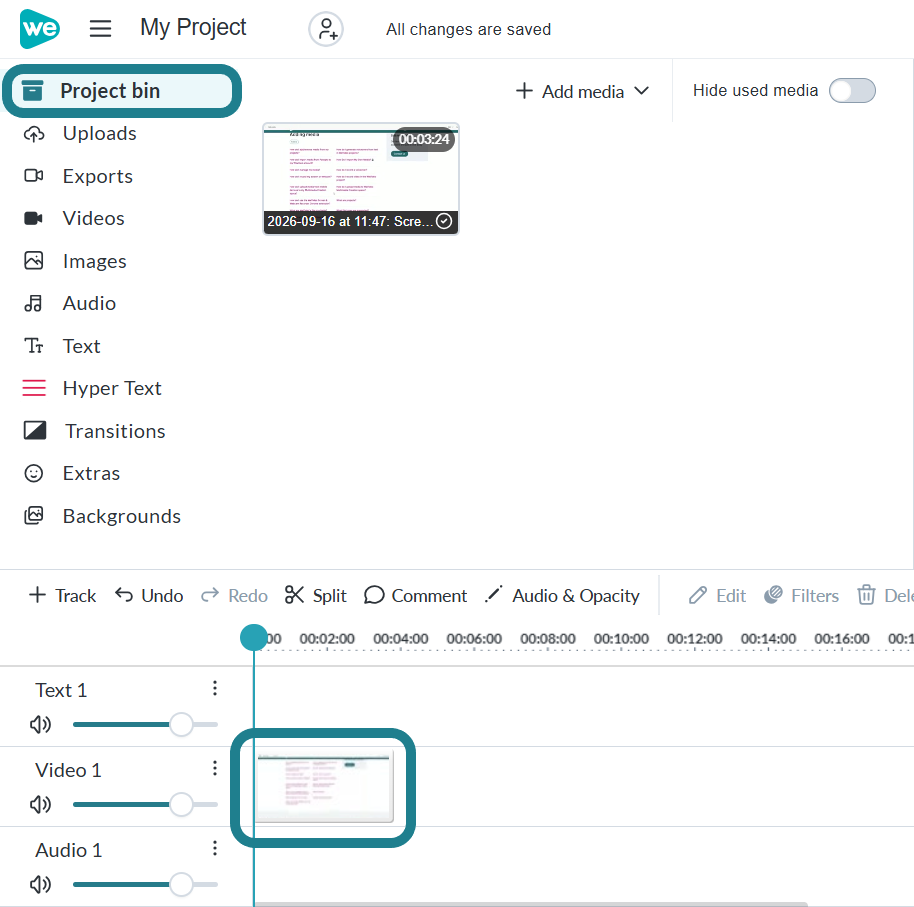 The project bin and timeline in the video editor.
