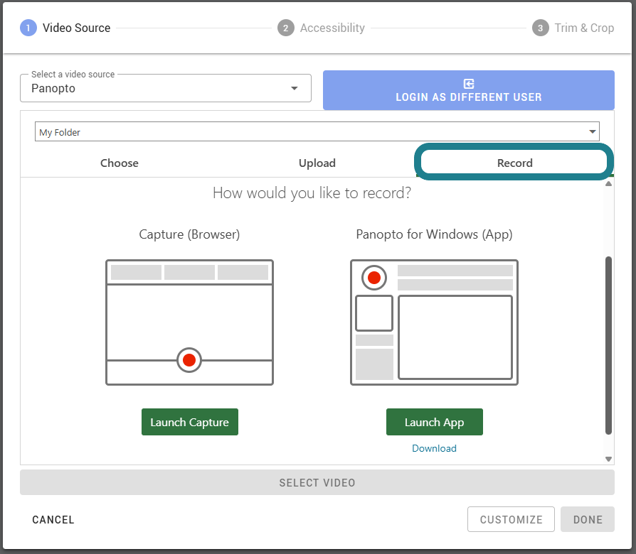 Recording a video via Panopto from WeVideo's interactive video editor. 