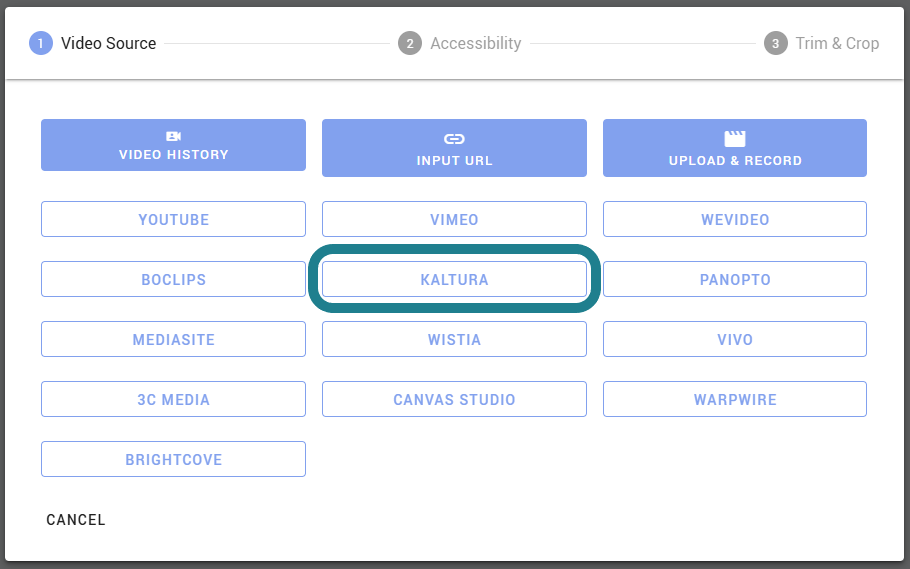Select the Kaltura option for the video host