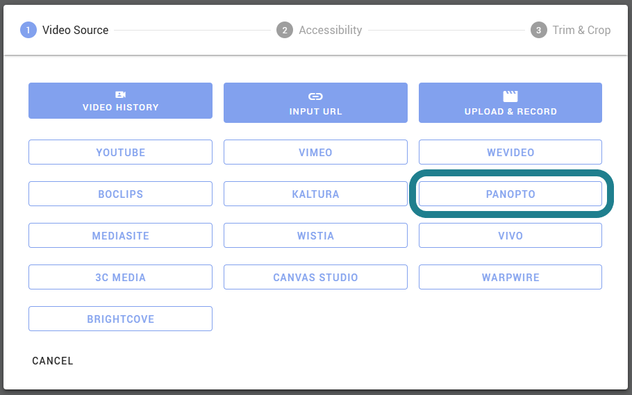 Choosing Panopto as an external video source in WeVideo. 