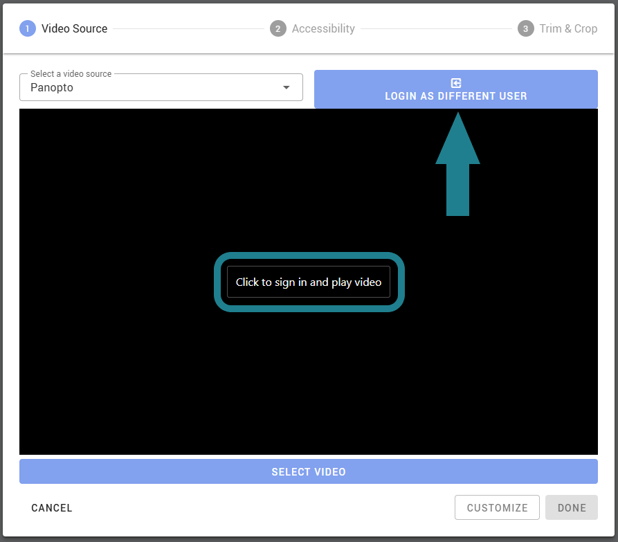 Login as different user option for Panopto integration with WeVideo. 