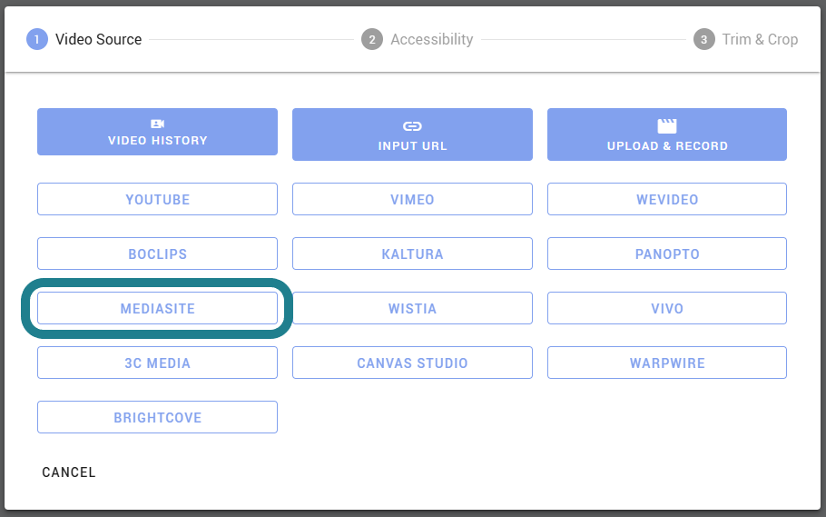 Choosing Mediasite from the external video host menu in WeVideo. 