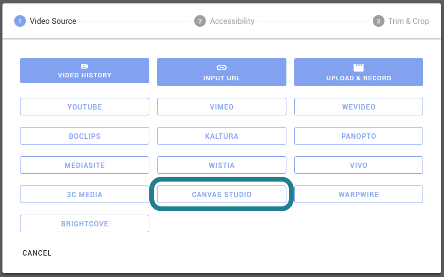 Choosing Canvas Studio from the external video host menu in WeVideo. 