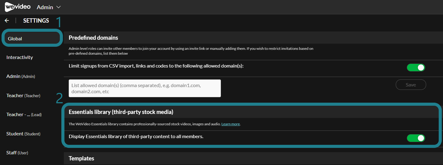 Find the essentials library section in the Global section and toggle on or off the stock asset library