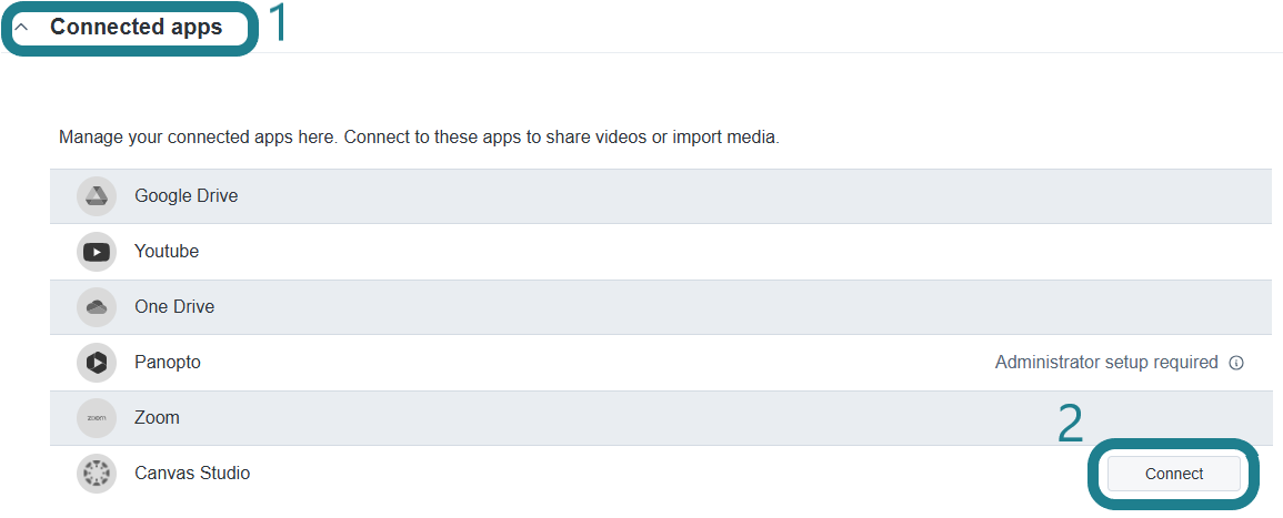 Expand the connected apps section and click the Connect button for the Canvas Studio