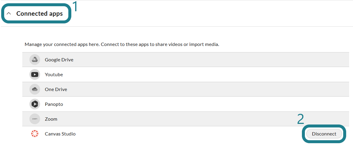 Expand the connected apps section and click the Disconnect button for the Canvas Studio