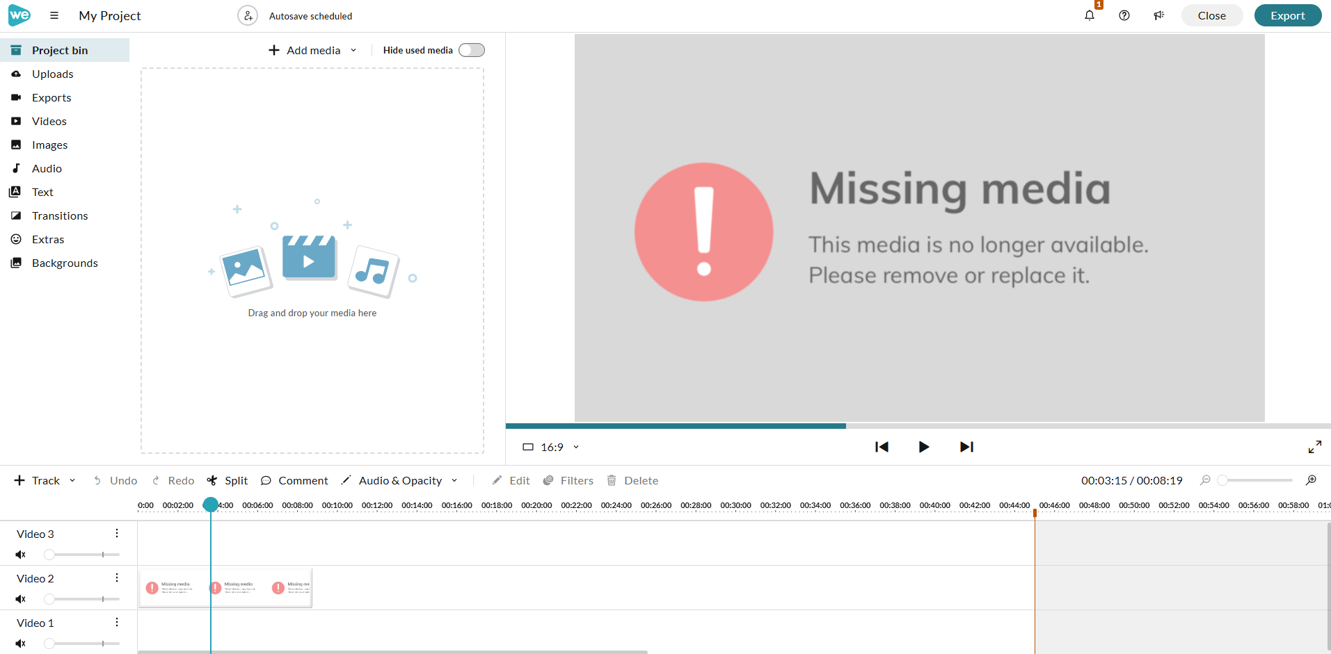 The missing media warning when the clip is removed from the library